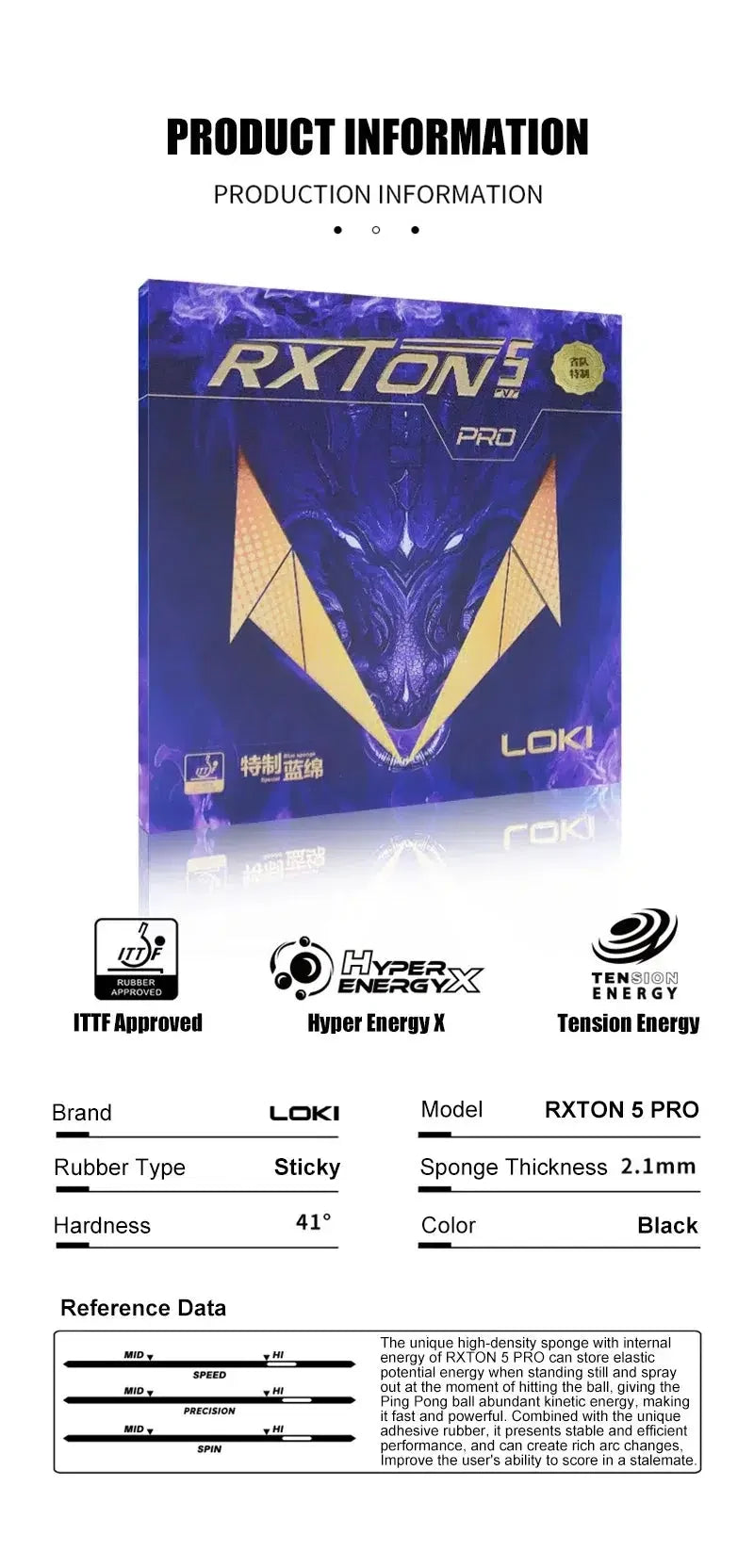LOKI RXTON 5 PRO Table Tennis Rubber Blue Sponge